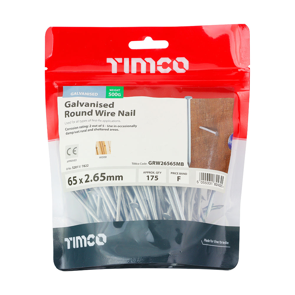 This is an image showing TIMCO Round Wire Nails - Galvanised - 65 x 2.65 - 0.5 Kilograms TIMbag available from T.H Wiggans Ironmongery in Kendal, quick delivery at discounted prices.