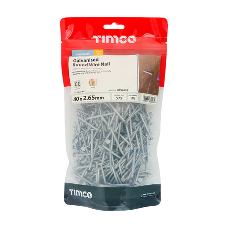 This is an image showing TIMCO Round Wire Nails - Galvanised - 40 x 2.65 - 1 Kilograms TIMbag available from T.H Wiggans Ironmongery in Kendal, quick delivery at discounted prices.