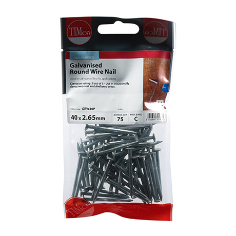 This is an image showing TIMCO Round Wire Nails - Galvanised - 40 x 2.65 - 75 Pieces TIMpac available from T.H Wiggans Ironmongery in Kendal, quick delivery at discounted prices.