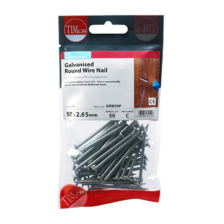 This is an image showing TIMCO Round Wire Nails - Galvanised - 50 x 2.65 - 50 Pieces TIMpac available from T.H Wiggans Ironmongery in Kendal, quick delivery at discounted prices.