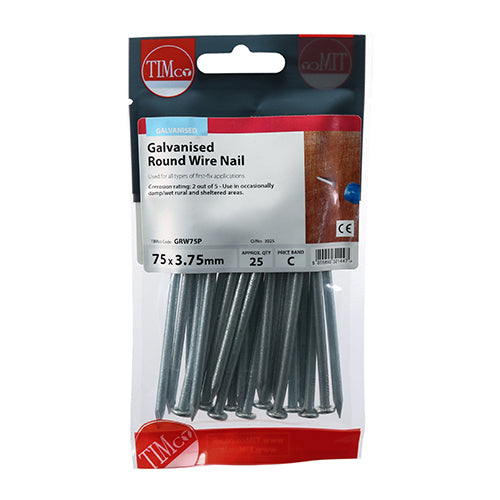 This is an image showing TIMCO Round Wire Nails - Galvanised - 75 x 3.75 - 25 Pieces TIMpac available from T.H Wiggans Ironmongery in Kendal, quick delivery at discounted prices.