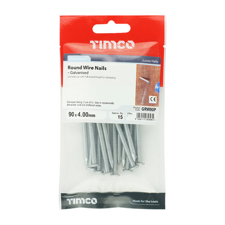 This is an image showing TIMCO Round Wire Nail - Galvanised - 90 x 4.00 - 15 Pieces TIMpac available from T.H Wiggans Ironmongery in Kendal, quick delivery at discounted prices.