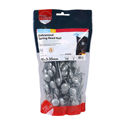 This is an image showing TIMCO Spring Head Nails - Galvanised - 65 x 3.35 - 1 Kilograms TIMbag available from T.H Wiggans Ironmongery in Kendal, quick delivery at discounted prices.