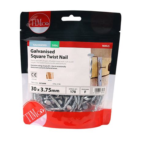 This is an image showing TIMCO Square Twist Nails - Galvanised - 30 x 3.75 - 0.5 Kilograms TIMbag available from T.H Wiggans Ironmongery in Kendal, quick delivery at discounted prices.