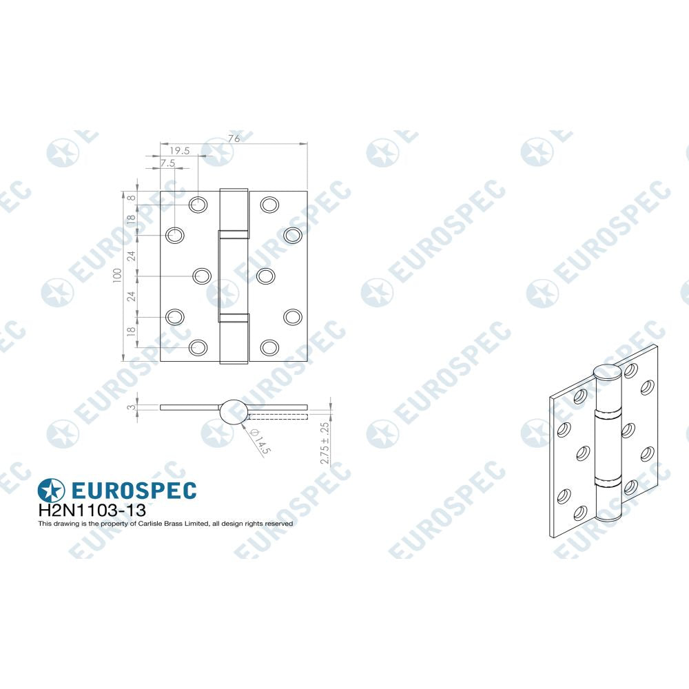 This image is a line drwaing of a Eurospec - Enduromax Grade 13 Thrust Bearing Hinge - SSS available to order from T.H Wiggans Architectural Ironmongery in Kendal