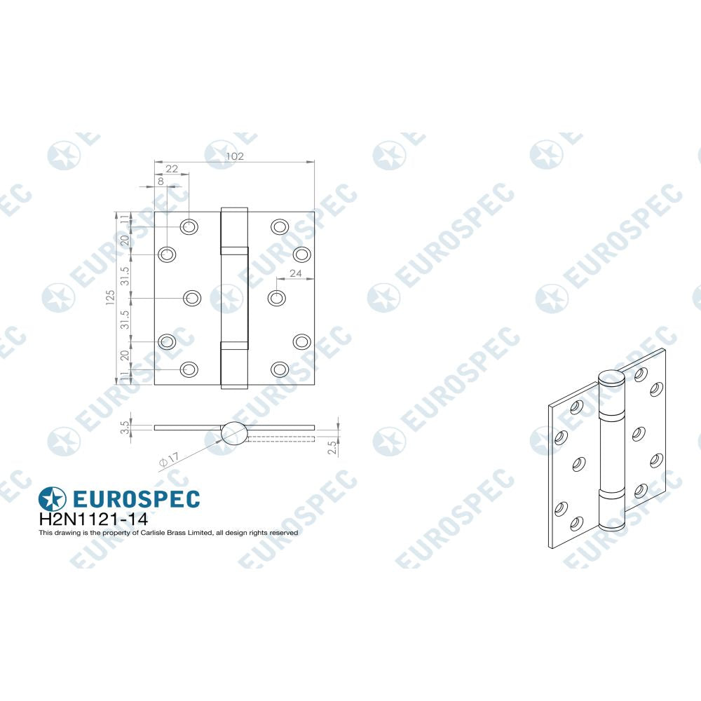 This image is a line drwaing of a Eurospec - Enduromax Grade 14 Thrust Bearing Hinge - SSS available to order from T.H Wiggans Architectural Ironmongery in Kendal