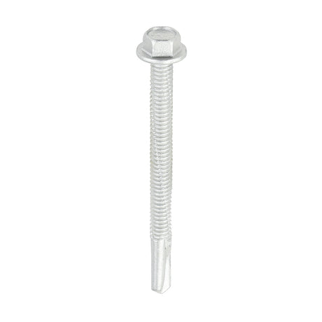 This is an image showing TIMCO Metal Construction Heavy Section Screws - Hex - Self-Drilling - Exterior - Silver Organic - 5.5 x 65 - 100 Pieces Box available from T.H Wiggans Ironmongery in Kendal, quick delivery at discounted prices.