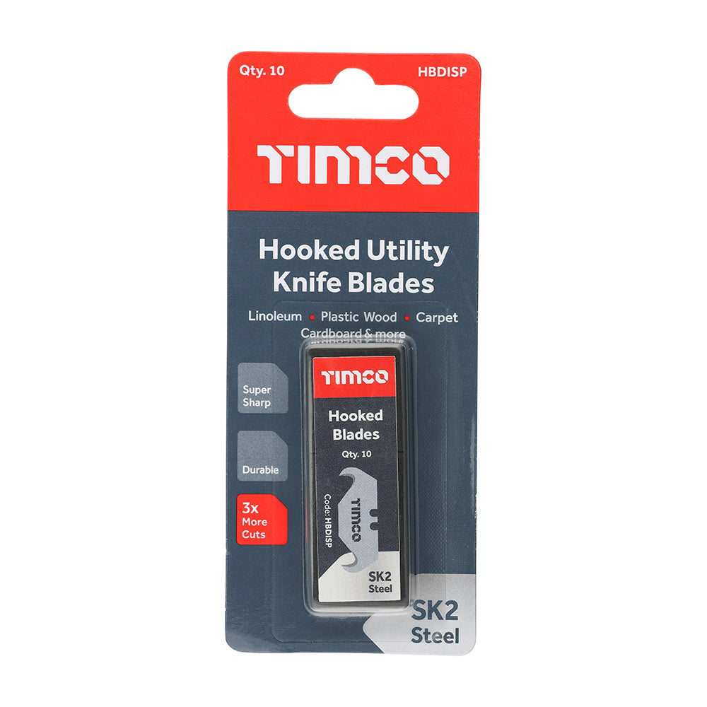 This is an image showing TIMCO Hooked Utility Knife Blades - 51 x 19 x 0.6 - 10 Pieces Backing Card available from T.H Wiggans Ironmongery in Kendal, quick delivery at discounted prices.