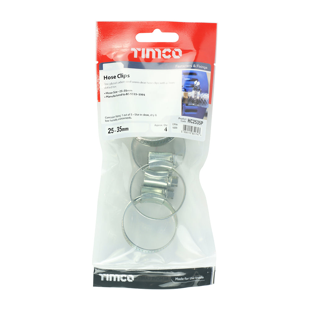 This is an image showing TIMCO Hose Clips - Zinc - 25 - 35mm - 4 Pieces TIMpac available from T.H Wiggans Ironmongery in Kendal, quick delivery at discounted prices.