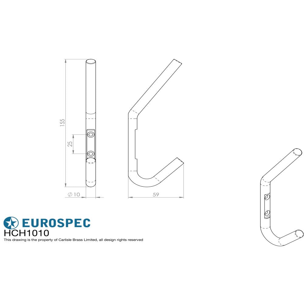 This image is a line drwaing of a Eurospec - Hat and Coat Hook - Satin Stainless Steel available to order from Trade Door Handles in Kendal