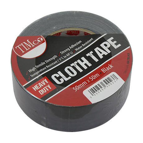 This is an image showing TIMCO Heavy Duty Cloth Tape - Black - 50m x 50mm - 1 Each Roll available from T.H Wiggans Ironmongery in Kendal, quick delivery at discounted prices.