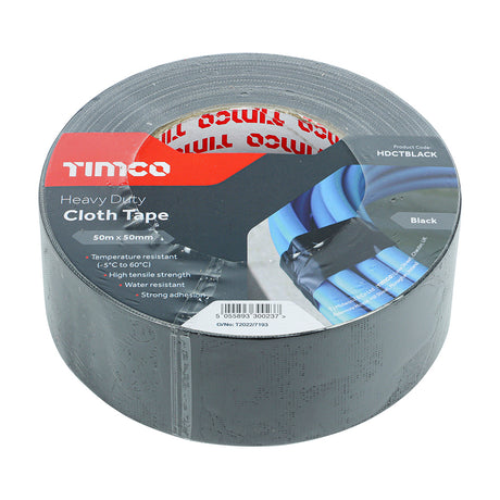 This is an image showing TIMCO Heavy Duty Cloth Tape - Black - 50m x 50mm - 1 Each Roll available from T.H Wiggans Ironmongery in Kendal, quick delivery at discounted prices.