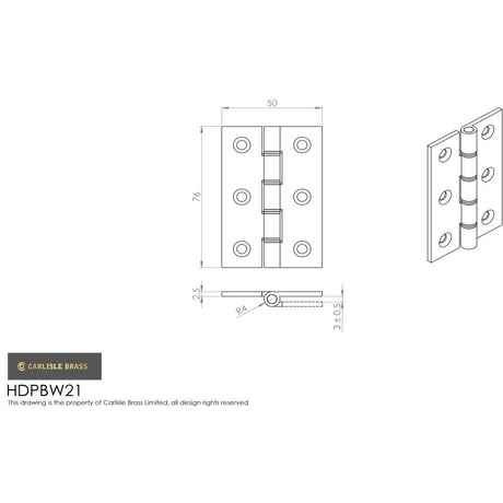 This image is a line drwaing of a Carlisle Brass - 76 x 50mm Double Phos. Bronze Washer Hinge - Matt Bronze available to order from T.H Wiggans Architectural Ironmongery in Kendal