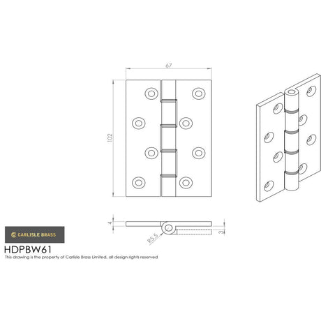 This image is a line drwaing of a Carlisle Brass - 102 x 67mm Double Phos. Bronze Washer Hinge - Polished Lacq. available to order from T.H Wiggans Architectural Ironmongery in in Kendal