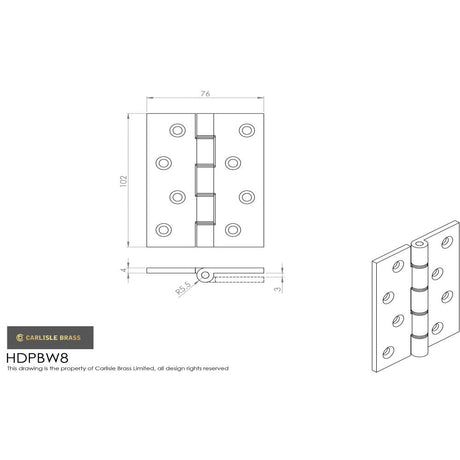 This image is a line drwaing of a Carlisle Brass - 102 x 76mm Double Phos. Bronze Washer Hinge - Polished Lacq available to order from T.H Wiggans Architectural Ironmongery in in Kendal