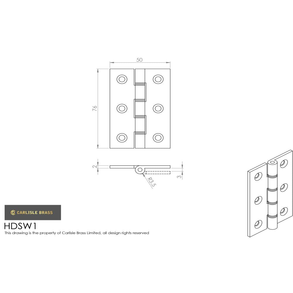 This image is a line drwaing of a Carlisle Brass - 76 x 50mm Dbl Steel Washer Brass Hinge - Polished Lacque available to order from T.H Wiggans Architectural Ironmongery in Kendal