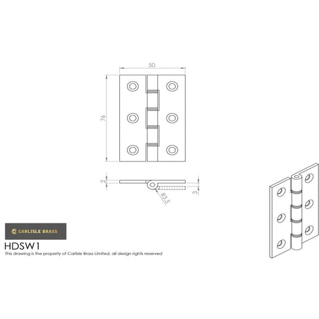 This image is a line drwaing of a Carlisle Brass - 76 x 50mm Dbl Steel Washer Brass Hinge - Polished Lacque available to order from T.H Wiggans Architectural Ironmongery in Kendal