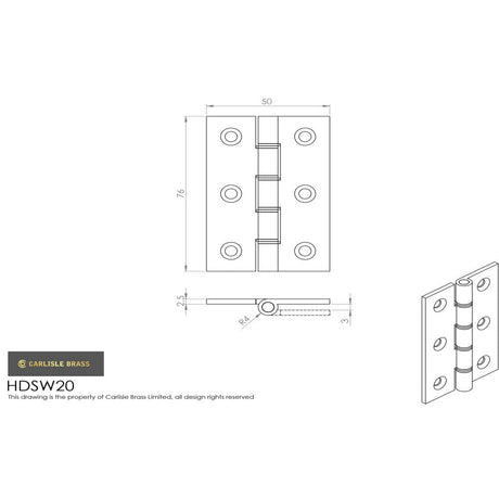 This image is a line drwaing of a Carlisle Brass - 76 x 50mm Dbl Steel Washer Brass Hinge - Satin Brass available to order from T.H Wiggans Architectural Ironmongery in in Kendal