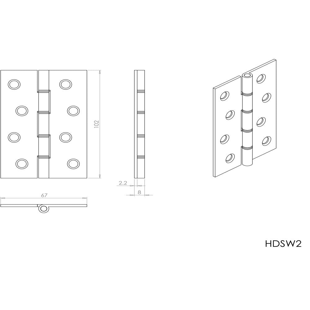 This image is a line drwaing of a Carlisle Brass - 102 x 67mm Dbl Steel Washer Brass Hinge - Polished Lacq. available to order from T.H Wiggans Architectural Ironmongery in in Kendal