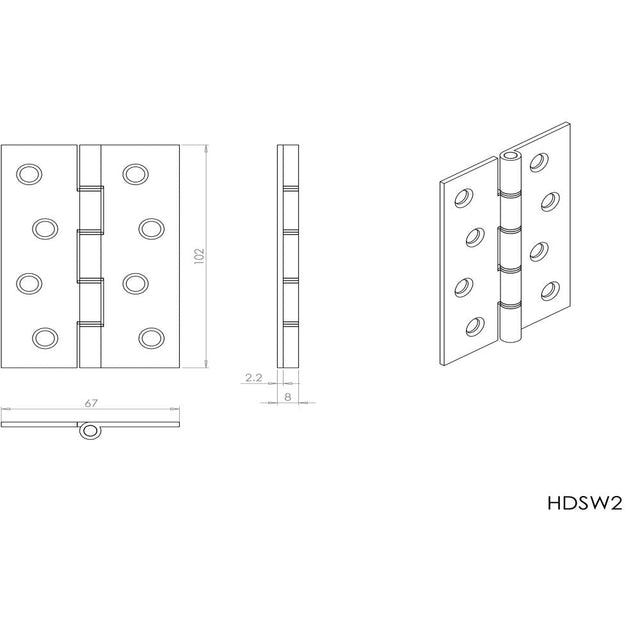 This image is a line drwaing of a Carlisle Brass - 102 x 67mm Dbl Steel Washer Brass Hinge - Polished Lacq. available to order from T.H Wiggans Architectural Ironmongery in in Kendal