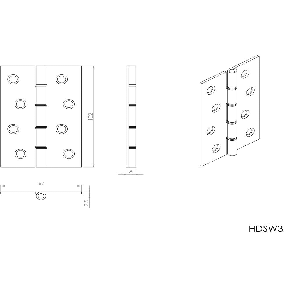 This image is a line drwaing of a Carlisle Brass - 102 x 67mm Dbl Steel Washer Brass Hinge - Satin Brass available to order from T.H Wiggans Architectural Ironmongery in in Kendal