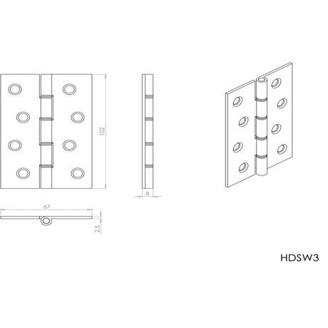 This image is a line drwaing of a Carlisle Brass - 102 x 67mm Dbl Steel Washer Brass Hinge - Satin Brass available to order from T.H Wiggans Architectural Ironmongery in in Kendal