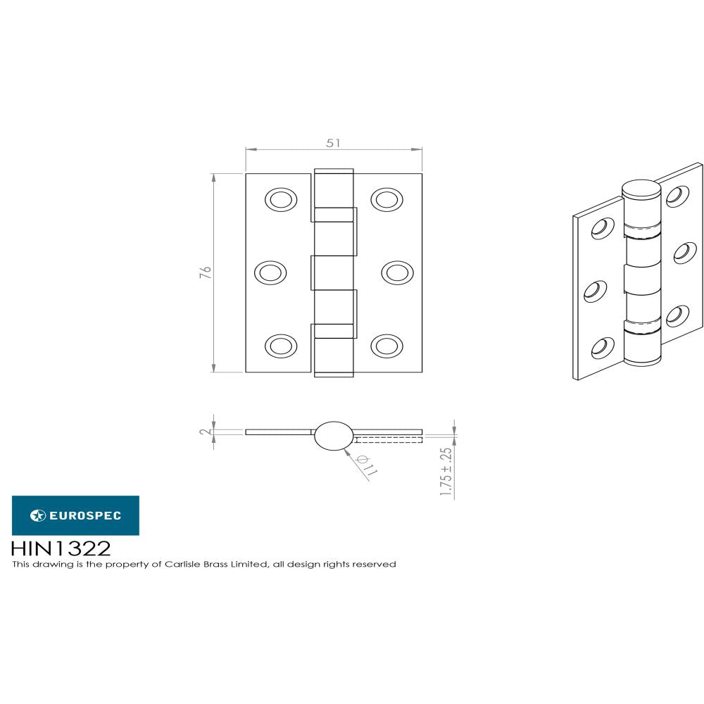 This image is a line drwaing of a Eurospec - Ball Bearing Hinge Non Grade 76 x 51mm - Satin Nickel Plated available to order from T.H Wiggans Architectural Ironmongery in Kendal