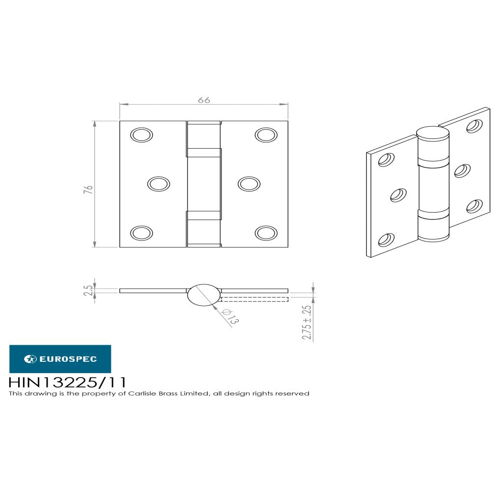 This image is a line drwaing of a Eurospec - Enduro Grade 11 Ball Bearing Hinge 76 x 66mm - SSS available to order from T.H Wiggans Architectural Ironmongery in Kendal