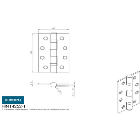 This image is a line drwaing of a Eurospec - Grade 11 Ball Bearing Hinge 102 x 67mm - SSS available to order from T.H Wiggans Architectural Ironmongery in Kendal