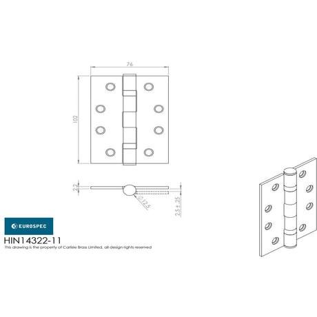 This image is a line drwaing of a Eurospec - Grade 11 Ball Bearing Hinge 102 x 76mm - SSS available to order from T.H Wiggans Architectural Ironmongery in Kendal