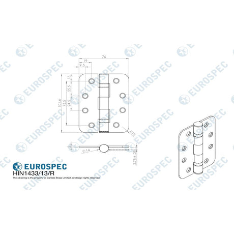 This image is a line drwaing of a Eurospec - Enduro Grade 13 Ball Bearing Hinge Radius 102 x 76mm - PVD available to order from T.H Wiggans Architectural Ironmongery in Kendal