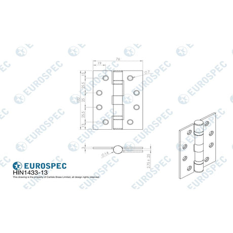 This image is a line drwaing of a Eurospec - Enduro Grade 13 Ball Bearing Hinge 102 x 76mm - SSS available to order from T.H Wiggans Architectural Ironmongery in Kendal