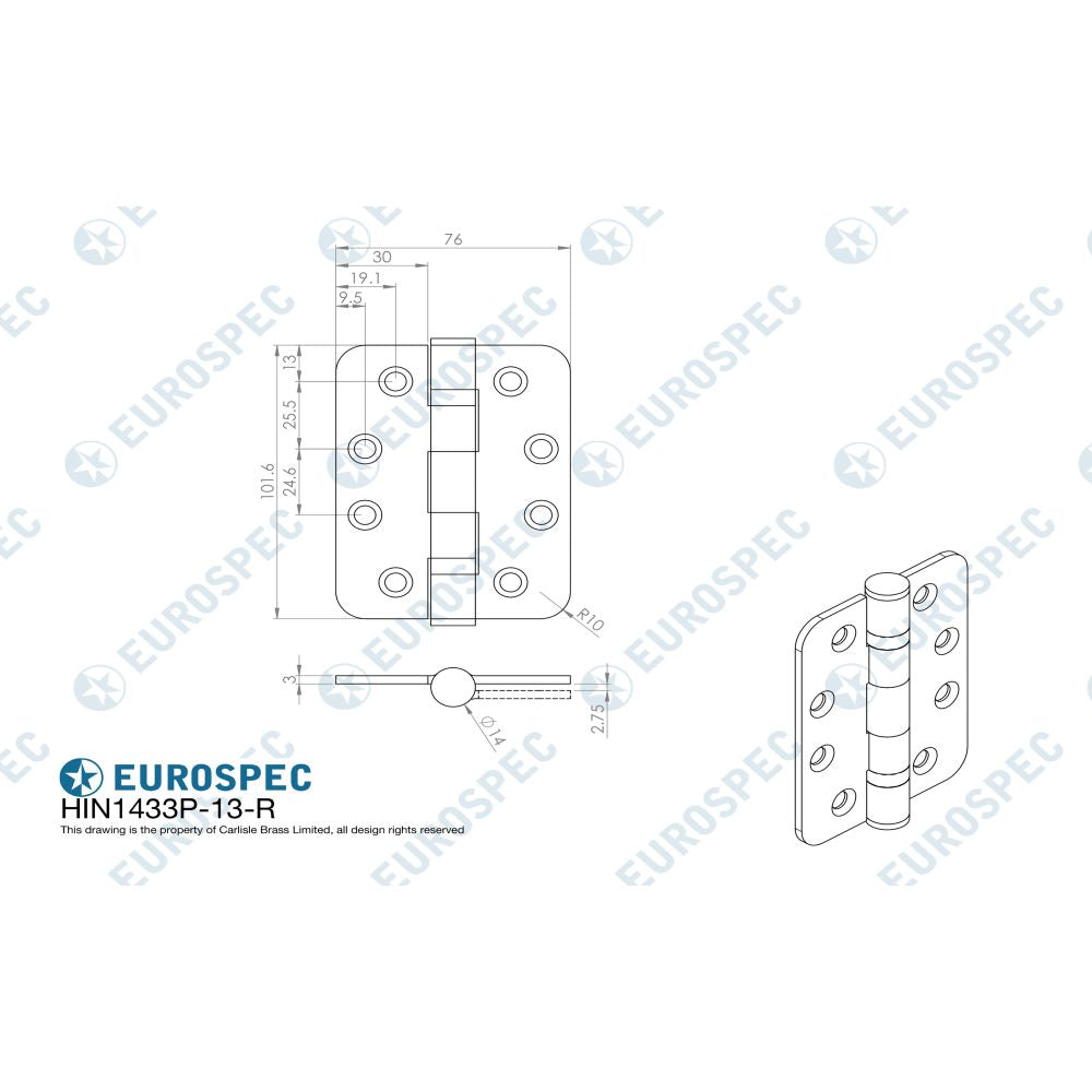 This image is a line drwaing of a Eurospec - Enduro Grade 13 Ball Bearing P Hinge Radius 102 x 76mm - SSS available to order from T.H Wiggans Architectural Ironmongery in Kendal