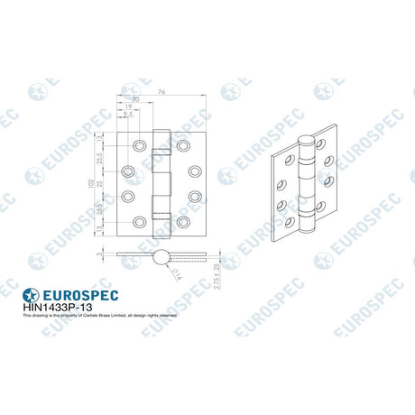 This image is a line drwaing of a Eurospec - Grade 13 Ball Bearing P Hinge 102 x 76mm - MBRZ available to order from T.H Wiggans Architectural Ironmongery in Kendal