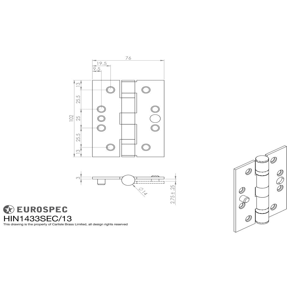 This image is a line drwaing of a Eurospec - Enduro Grade 13 Ball Bearing Security Hinge 102 x 76mm - SSS available to order from T.H Wiggans Architectural Ironmongery in Kendal