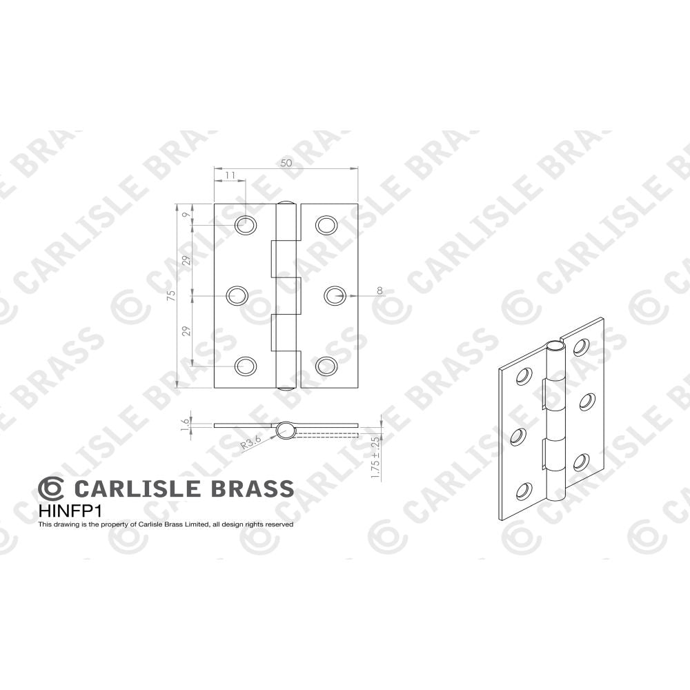 This image is a line drwaing of a Carlisle Brass - 75 x 50mm Fixed Pin Hinge - Powder Coat Black available to order from T.H Wiggans Architectural Ironmongery in Kendal