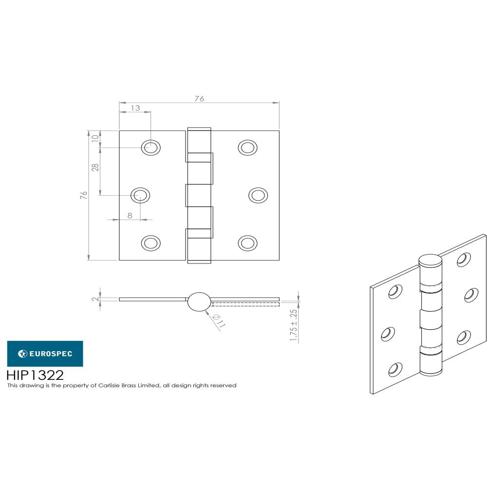 This image is a line drwaing of a Eurospec - Plain Hinge 76 x 76mm - SSS available to order from T.H Wiggans Architectural Ironmongery in Kendal