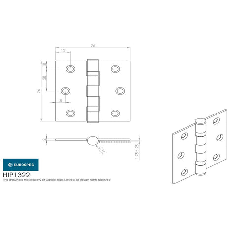 This image is a line drwaing of a Eurospec - Plain Hinge 76 x 76mm - BSS available to order from T.H Wiggans Architectural Ironmongery in Kendal