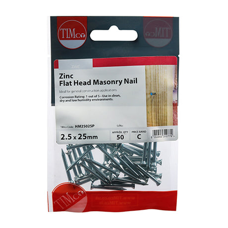 This is an image showing TIMCO Masonry Nails - Zinc - 2.5 x 25 - 50 Pieces TIMpac available from T.H Wiggans Ironmongery in Kendal, quick delivery at discounted prices.