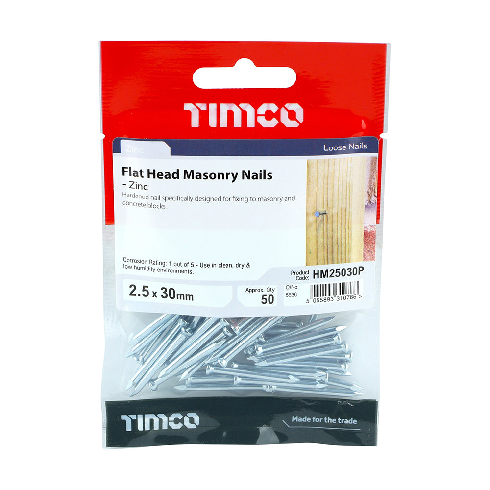 This is an image showing TIMCO Masonry Nails - Zinc - 2.5 x 30 - 50 Pieces TIMpac available from T.H Wiggans Ironmongery in Kendal, quick delivery at discounted prices.