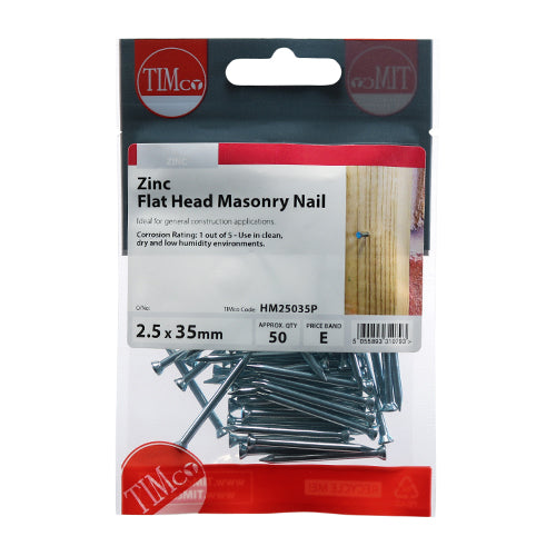 This is an image showing TIMCO Masonry Nails - Zinc - 2.5 x 35 - 50 Pieces TIMpac available from T.H Wiggans Ironmongery in Kendal, quick delivery at discounted prices.