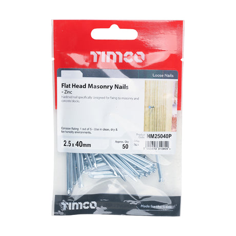 This is an image showing TIMCO Masonry Nails - Zinc - 2.5 x 40 - 50 Pieces TIMpac available from T.H Wiggans Ironmongery in Kendal, quick delivery at discounted prices.