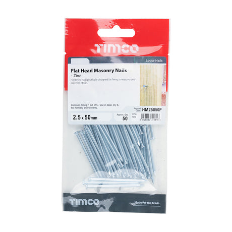 This is an image showing TIMCO Masonry Nails - Zinc - 2.5 x 50 - 50 Pieces TIMpac available from T.H Wiggans Ironmongery in Kendal, quick delivery at discounted prices.