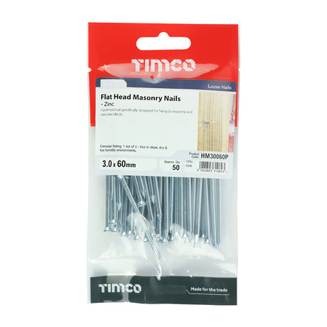 This is an image showing TIMCO Masonry Nails - Zinc - 3.0 x 60 - 50 Pieces TIMpac available from T.H Wiggans Ironmongery in Kendal, quick delivery at discounted prices.