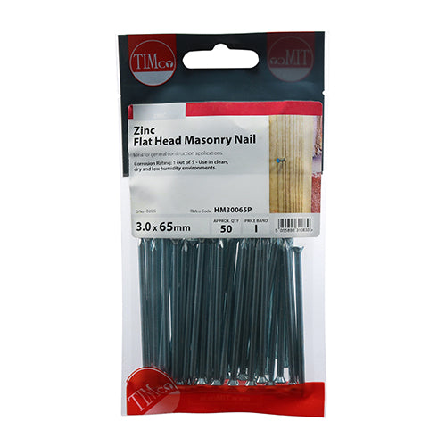 This is an image showing TIMCO Masonry Nails - Zinc - 3.0 x 65 - 50 Pieces TIMpac available from T.H Wiggans Ironmongery in Kendal, quick delivery at discounted prices.