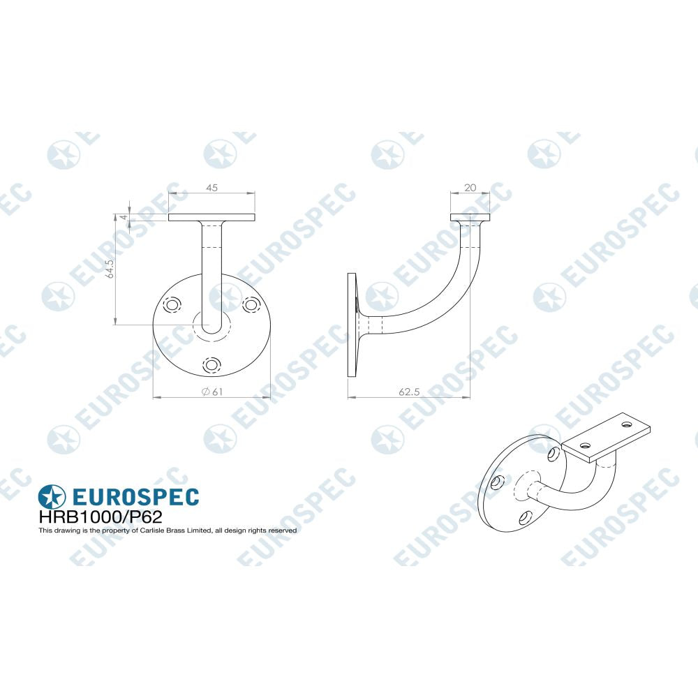 This image is a line drwaing of a Eurospec - Handrail Bracket - Bright Stainless Steel available to order from T.H Wiggans Architectural Ironmongery in Kendal in Kendal