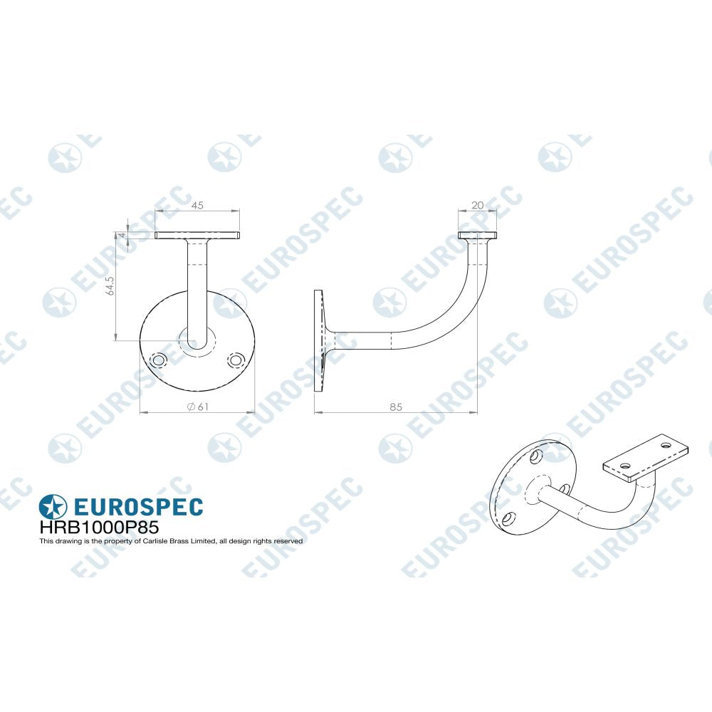 This image is a line drwaing of a Eurospec - Handrail Bracket - Bright Stainless Steel available to order from T.H Wiggans Architectural Ironmongery in Kendal in Kendal
