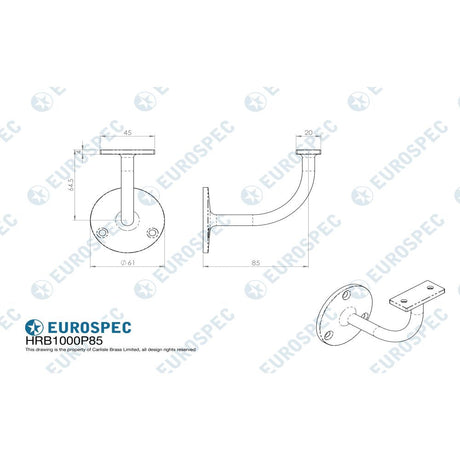 This image is a line drwaing of a Eurospec - Handrail Bracket - Bright Stainless Steel available to order from T.H Wiggans Architectural Ironmongery in Kendal in Kendal