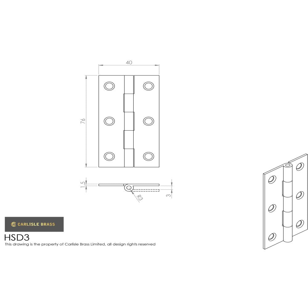 This image is a line drwaing of a Carlisle Brass - 76 x 40mm Solid Drawn Brass Butt Hinge - Satin Brass available to order from T.H Wiggans Architectural Ironmongery in Kendal