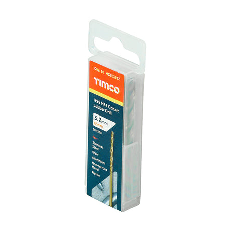This is an image showing TIMCO Ground Jobber Drills - Cobalt M35 - 3.2mm - 10 Pieces Tube available from T.H Wiggans Ironmongery in Kendal, quick delivery at discounted prices.
